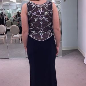 Long beaded navy prom dress